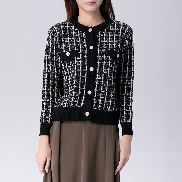 ORZQU 가을 여성 라운드 니트 탑 쇼트 심플 체크 니트 카디건