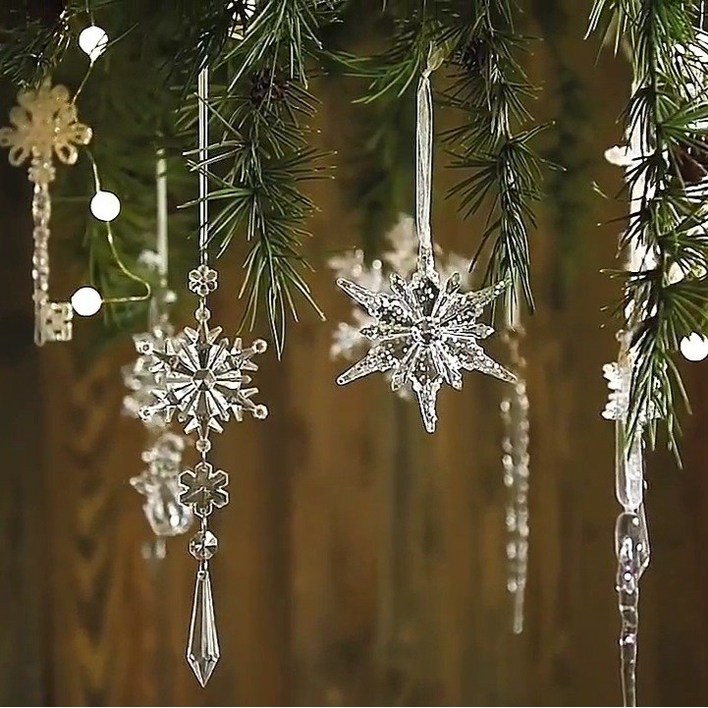레이어드 눈꽃 크리스탈 투명 오너먼트 세트, 투명, 55개