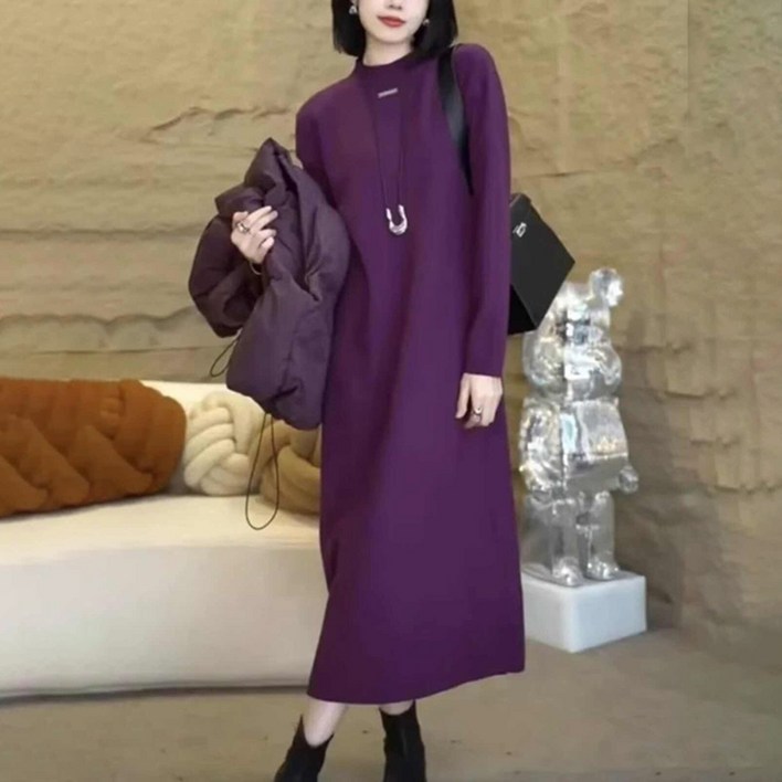 ORZQU 가을겨울 여성 캐주얼 솔리드 미니멀 반폴라 긴팔 미디 니트 원피스 오피스룩