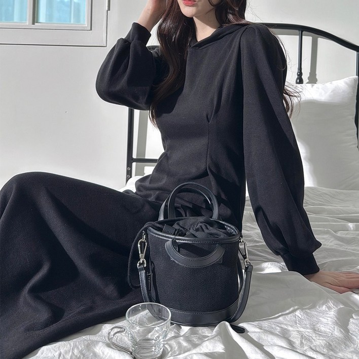 메이징 여성용 봄 가을 미드 핀턱 후드 롱원피스