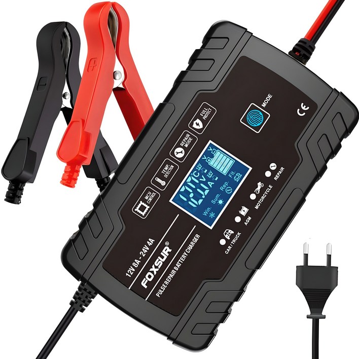우스틴스 폭스수르 12V 24V 자동식별 자동차 배터리 충전기 배터리복원기 펄스 수리 충전기, 노란색, 1개