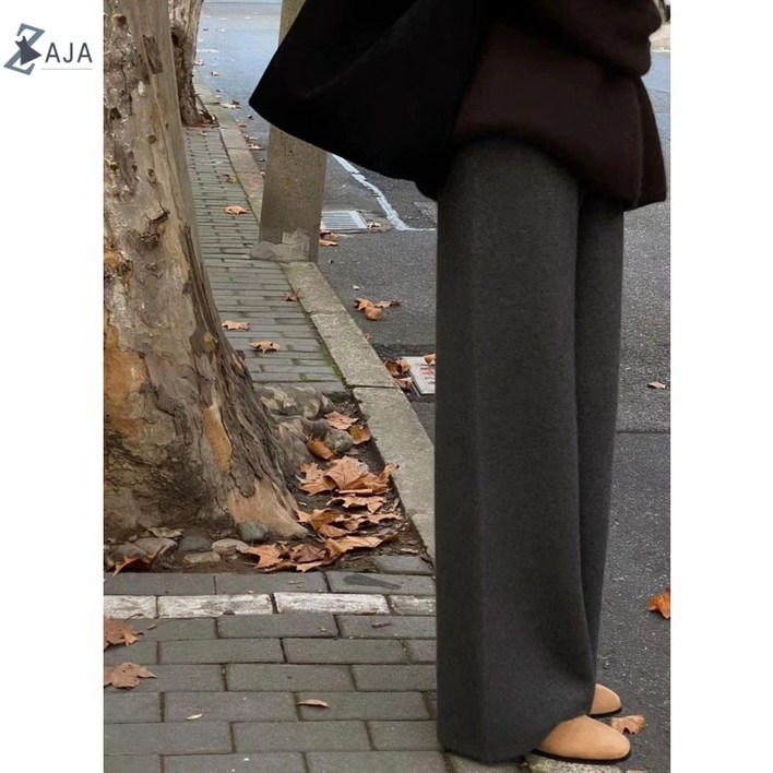ZAJA 여성 두꺼운 울 니트 바지 가을 겨울 와이드 팬츠