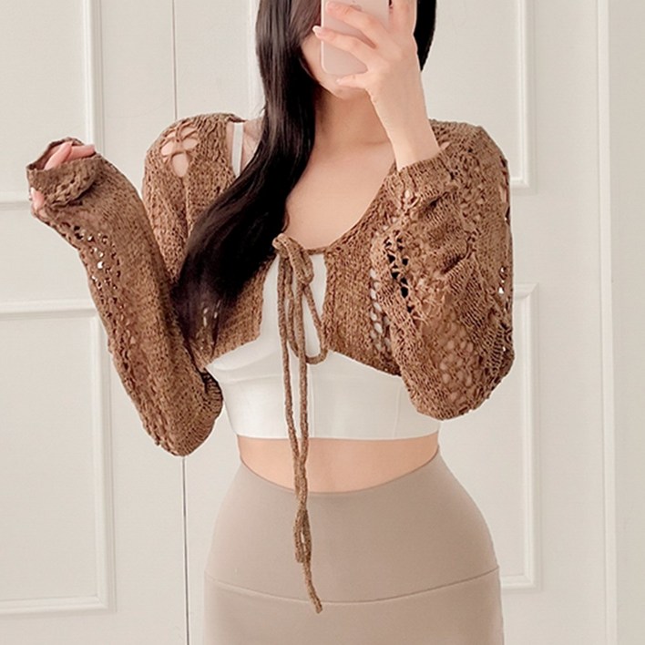 루즈핏 니트 리본 볼레로 크롭 가디건 필라테스복 여리핏 요가복 헬스 필라테스커버업 요가탑 여름 휴양지 바캉스