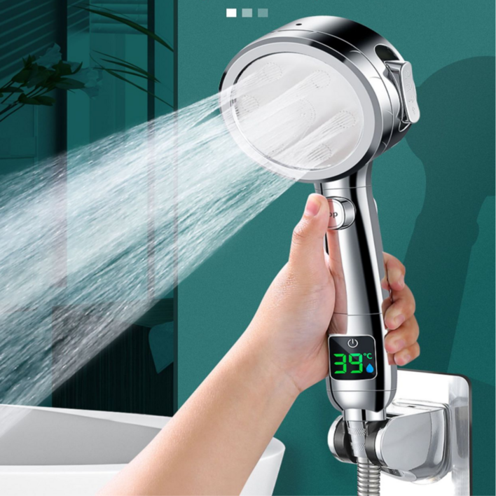 퓨어퍼스트 LCD 샤워기 수압상승 온도계 샤워헤드 필터, 크롬실버
