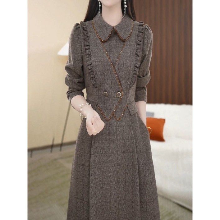 COSYEVNO 여성 봄가을 체크 롱 원피스 프릴 디테일 TZKlyq4