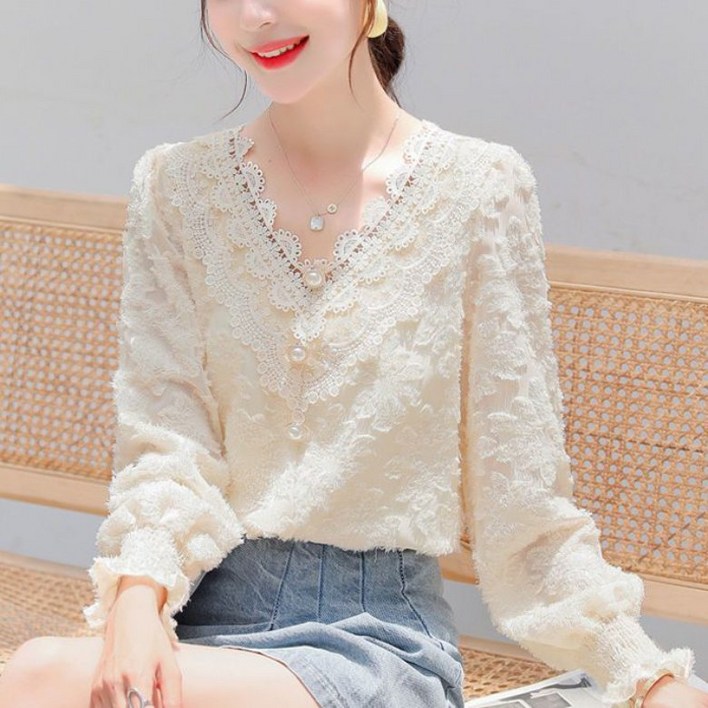PEROLA 여성 레이스 블라우스 봄 가을 브이넥 진주 단추 블라우스 S4XL