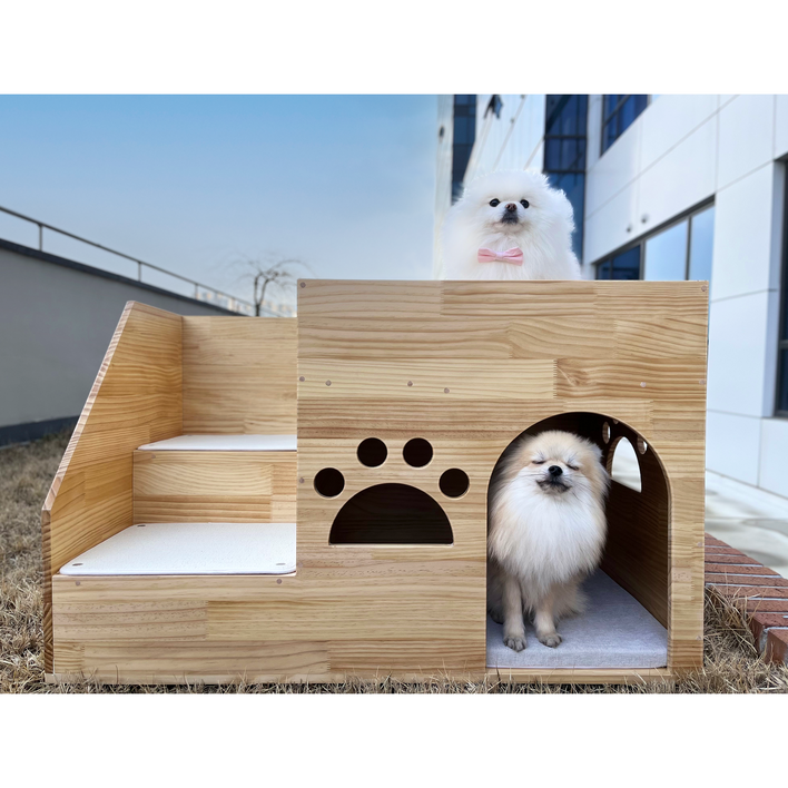강아지 고양이 중형 2층 원목하우스 방석,계단매트 포함