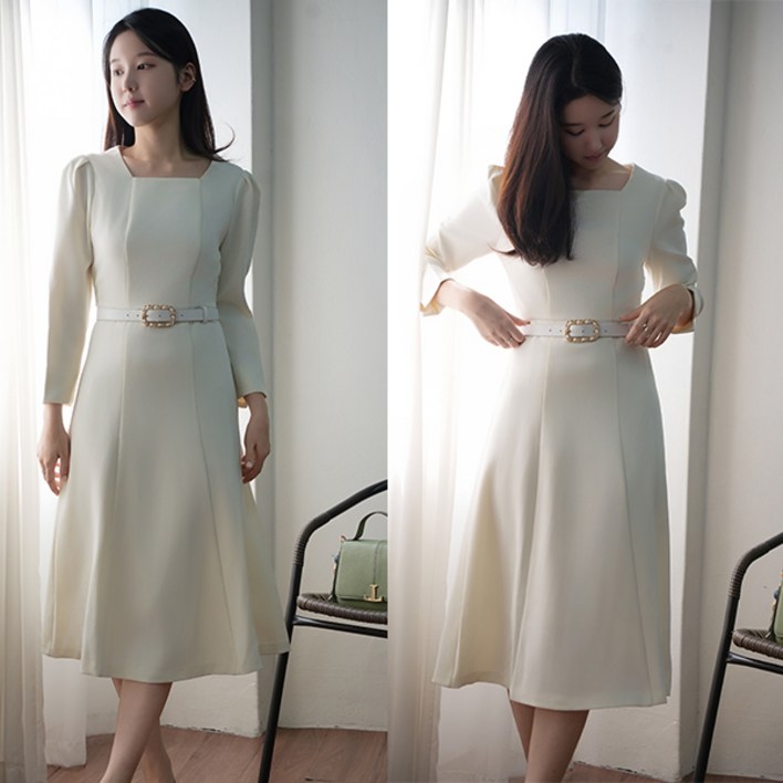 비비디아 여성용 신상 롱원피스 스퀘어넥 벨트 하객룩 오피스룩 봄가을 단정한 정장 원피스 5538