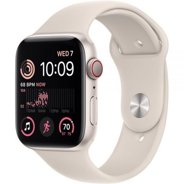 Apple Watch SE(2세대)(GPS + 셀룰러, 44mm) - 흰색 스포츠 밴드가 있는 실버 알루미늄 케이스, M/L(갱신)