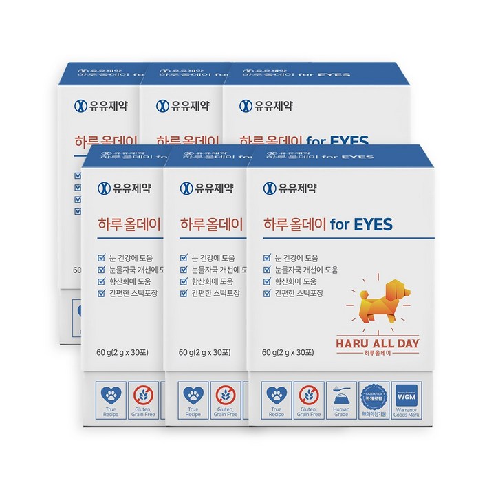 유유제약 하루올데이 EYES 강아지 눈 반려견 영양제 루테인 오메가3 눈물 자국 개선 카제로템, 6개, 눈물개선/눈건강