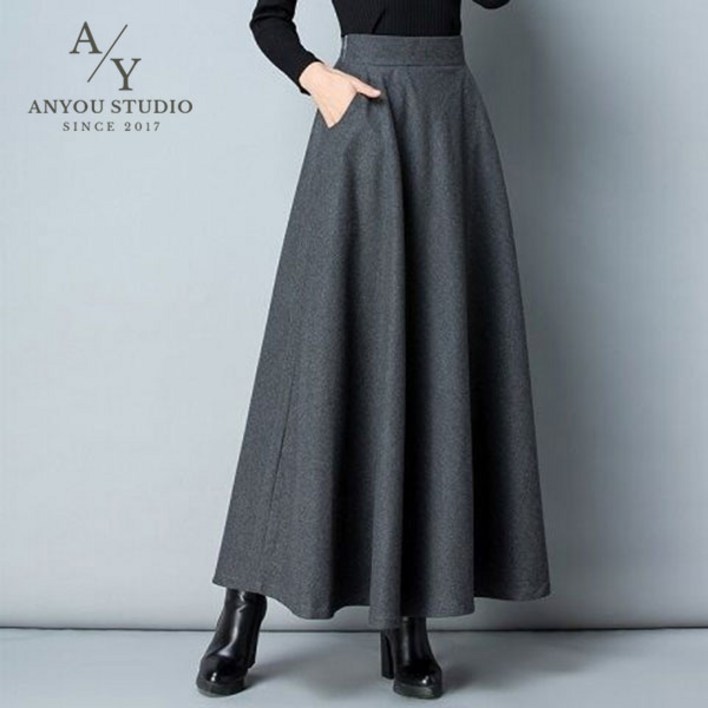 ANYOU 모직 스커트 모직 스커트 추동 치마 롱 스커트 롱 스커트 무지 모직물군 무지 스커트 왕단치마