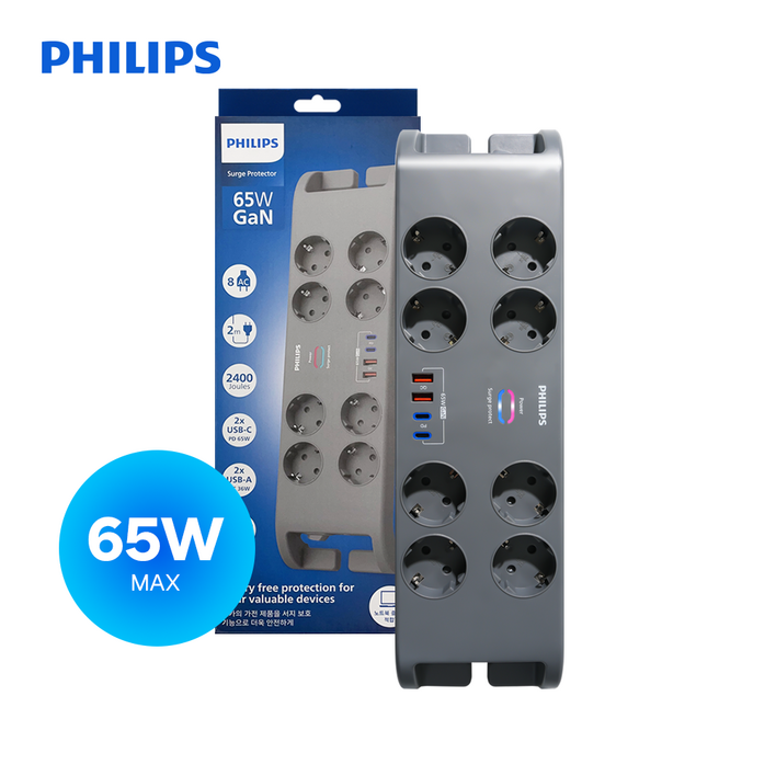 필립스 멀티탭 서지보호 울트라 8구 USB GaN 65W 고용량 과부하차단 C타입 A타입, 그레이 SPN9180GA, 1개, 2m