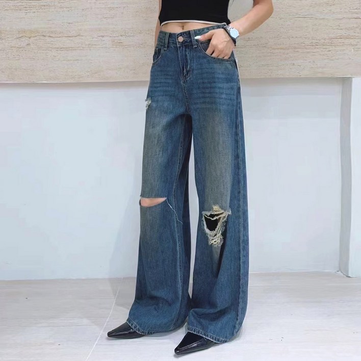 대박난박양 인디고블루 와이드 디스트로이드 청바지