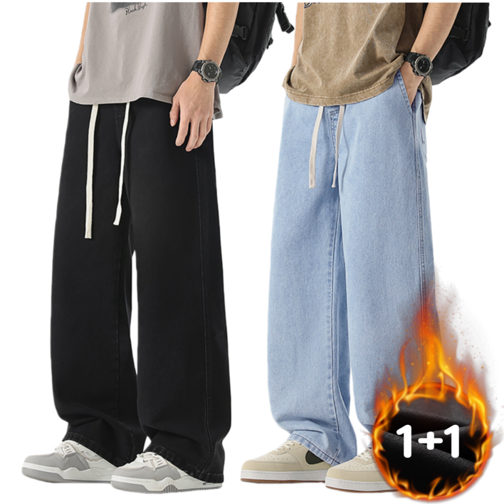 BDICOOL 남성용 1+1 와이드 청바지 기모 스판 루즈핏 데님팬츠 데일리 케주얼 BK110