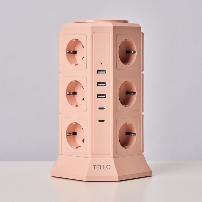 텔로 (에디션) 타워 멀티탭 17구(USB-3,CTYPE-2) KC인증 접지 안전 고급 멀티탭 선정리 가능한 인테리어 귀여운 디자인 예쁜색상, 2m, 블라썸핑크, 1개