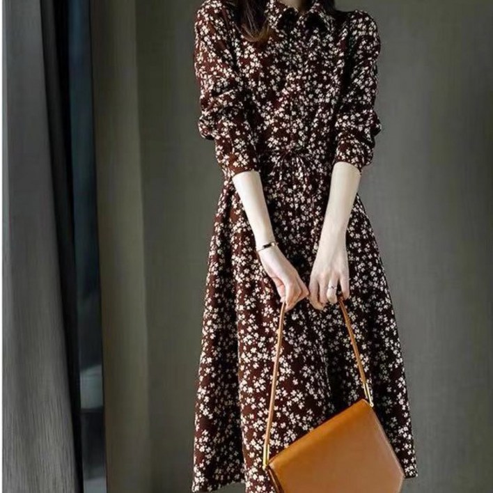 POMTOR  여성 봄가을 날씬해 보이는 우아한 꽃무늬 긴팔 원피스