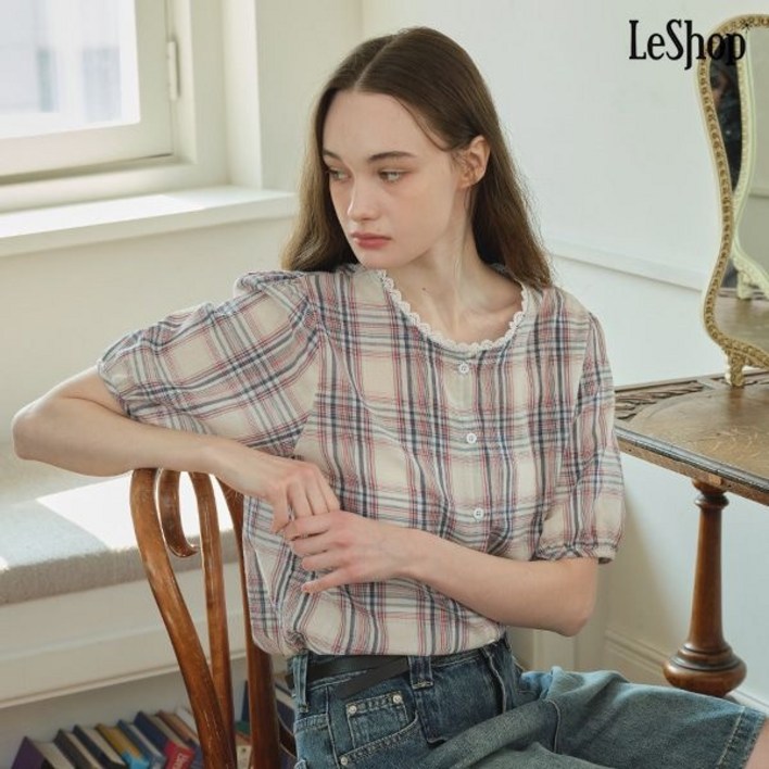 매장정품 르샵 라운드넥 체크 버튼 반팔 블라우스 DP2BA016A