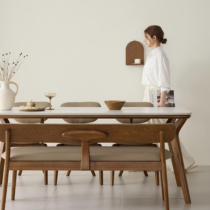 까르엠가구 헤이븐 포세린 양면 세라믹 50R 애쉬 원목 6인용 식탁세트 1800 3인벤치1+의자3