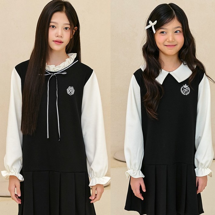 주니어 10대 겨울 사방스판 카라리본 셔링 원피스 택일 행사 초등여아 콩쿨 하객룩