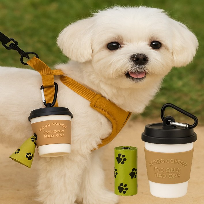 귀여운 커피컵 강아지 배변봉투 케이스 + 1롤 증정 산책용 디스펜서 반려견 필수템, 1세트, 1개입, 커피색상