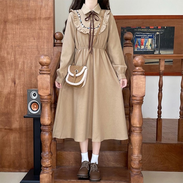여성 아트모리 걸스 인형목 롱 드레스 레트로 빈티지 스타일 귀여운 스위트 리본 활 기본 착용 가을 겨울