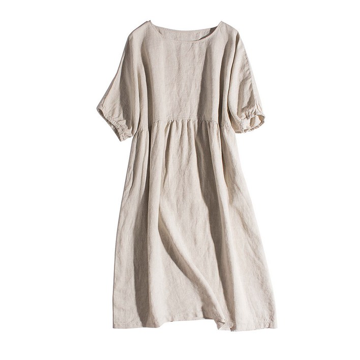 POMTOR여성 여름 롱 라운드넥 반팔 린넨 원피스