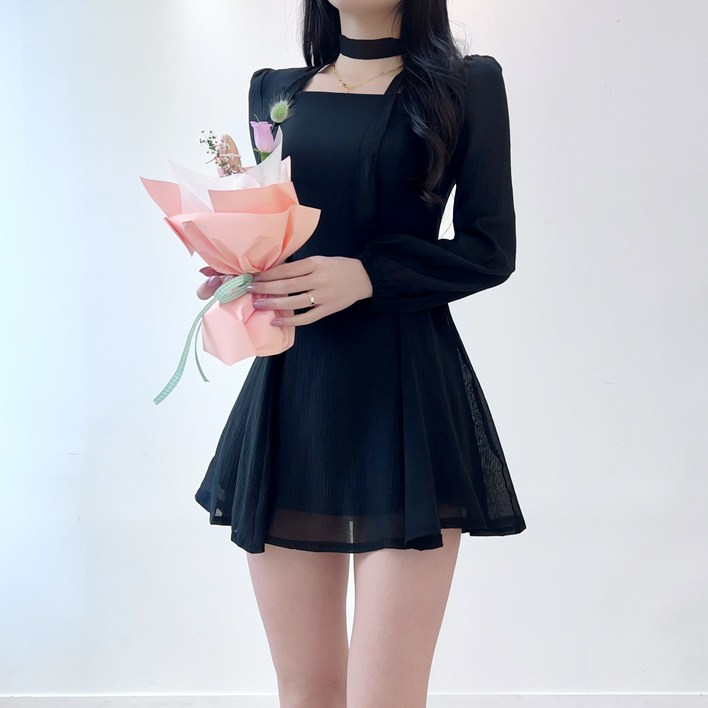 투디 스퀘어넥 퍼프 쉬폰 타이 플레어 미니 원피스, 4컬러