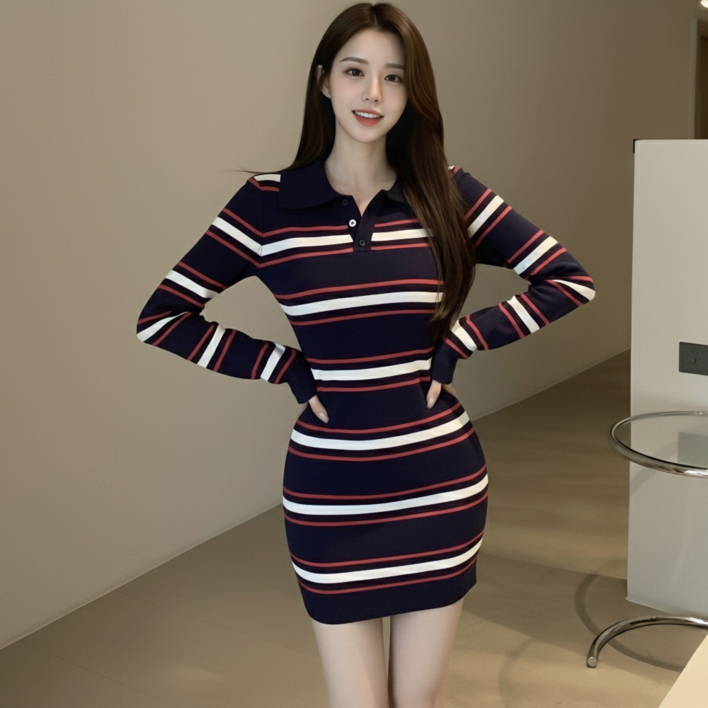유니크코코 스트라이프 단가라 니트 미니 원피스 긴팔 op5783