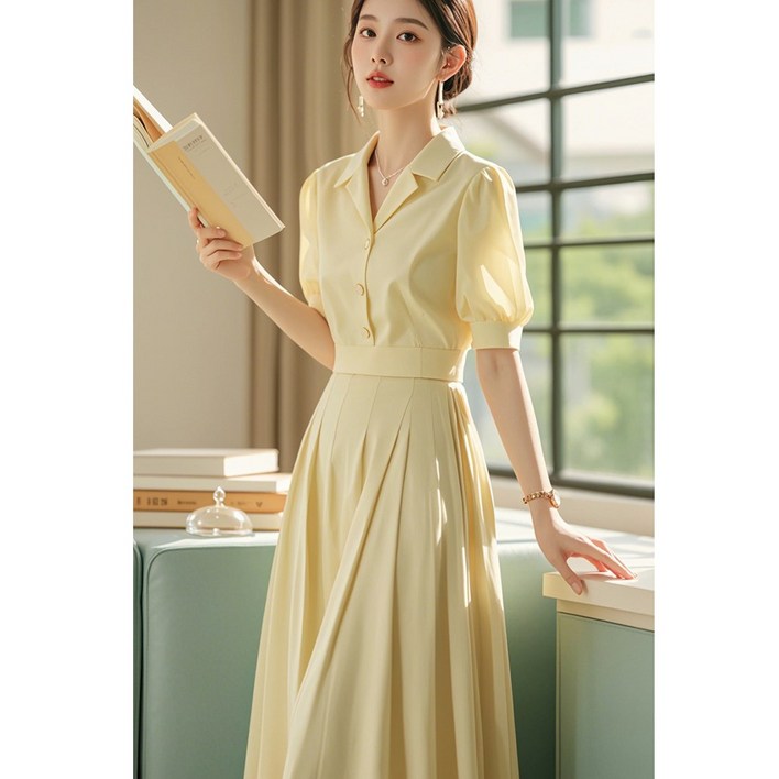 비아이와이  여성 여름 고퀄리티 프렌치  옐로우 시폰 셔츠원피스 DH948