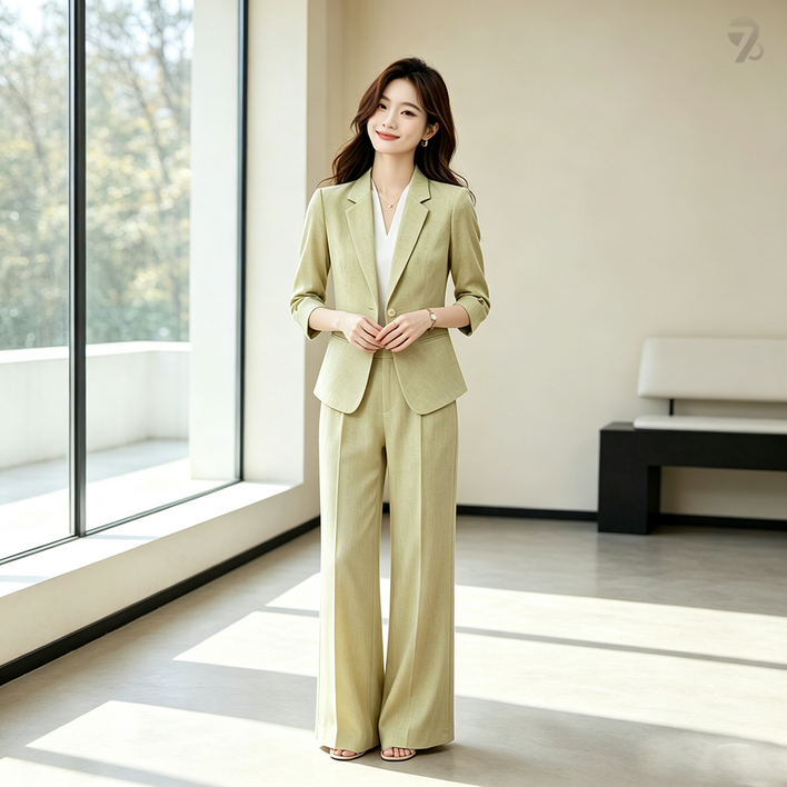 708090 여름 여성 그레이 7부팔 정장 자켓 캐주얼 와이드 팬츠 투피스 세트
