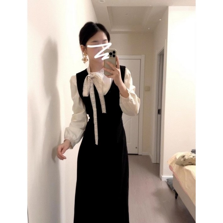 해피유통 여성용 봄가을 고급스러운 멜빵 원피스 빈티지 슬림핏 미디 원피스 긴팔 셔츠 우아함 투피스 why