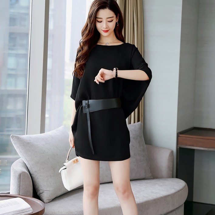 ROYALBELLE 여성 7부 소매 루즈핏 허리 강조 가오리핏 데일리 세련된 고급스러운 미디 원피스 K032138