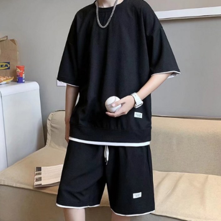 파쿠 여름 데일리 무지 레이어스 상하 반팔티셔츠  반바지 세트