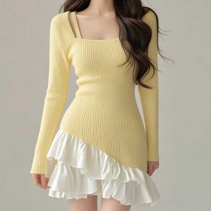 여성 니트 미니 원피스 여성 달콤한 스타일 비대칭 프릴 니트 원피스 허리 조절 슬림핏 JXH