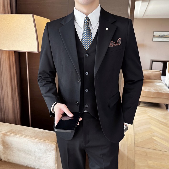 티티콩 남성 가을 캐주얼 투버튼 정장 결혼식 면접 하객룩 세트 3피스슈트조끼바지
