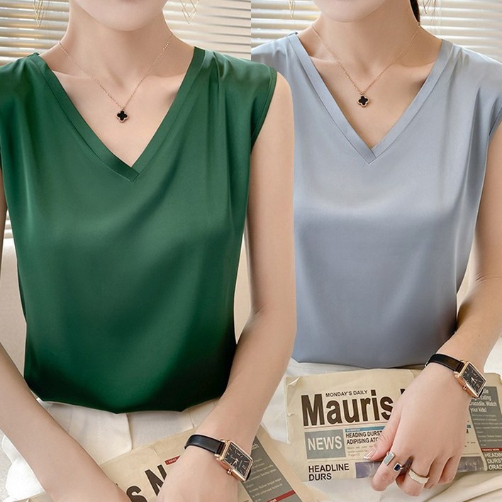 여성용 베이직 브이넥 민소매 티셔츠 트렌디한 실키 이너티 2P