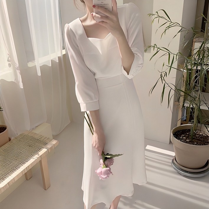 레티고 여성 스퀘어 넥 뒷 리본 벌룬 원피스