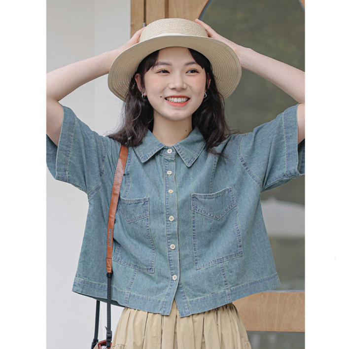 여름 여성 심플 빅포켓 카라넥 5부 반팔 크롭 숏 데님 청 셔츠 남방 자켓 재킷  스쿨룩 여자
