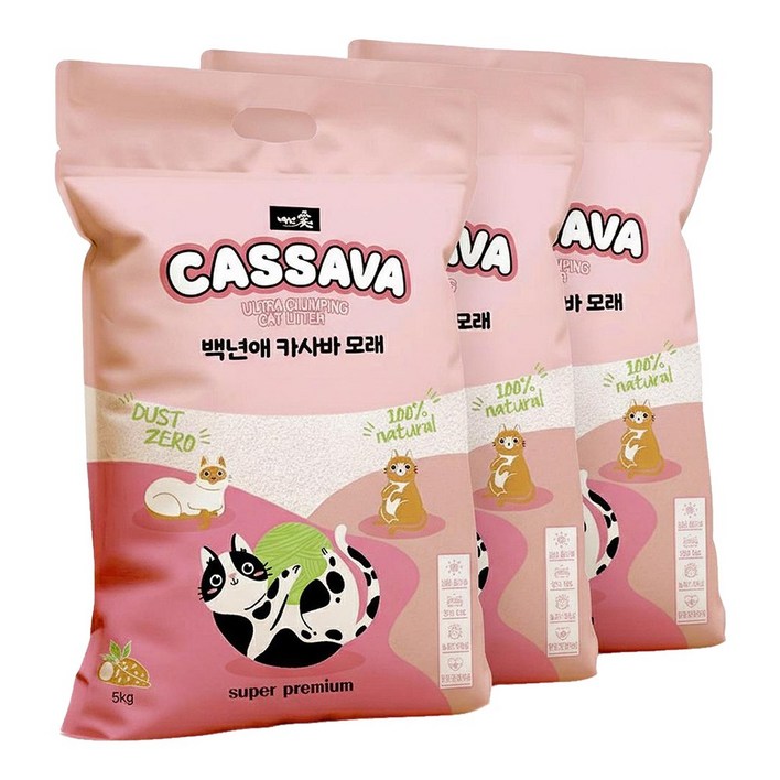 백년애 먼지없는 고양이 카사바 대용량 모래, 혼합입자, 3개, 5kg
