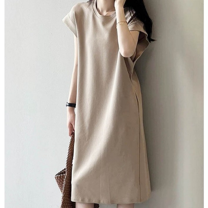 시원한 반팔 슬리브 원피스 롱 슬립 데일리 A라인 플리츠 휴양지 뷔스티에