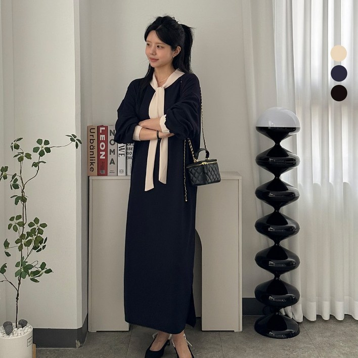 디테일웨어 여성 타이넥 긴팔 원피스 빅사이즈 무지원피스 임부복 간절기 편한 롱원피스 단정한 오피스 원피스