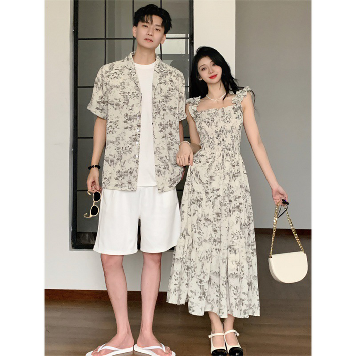 휘잇 스모크 밴딩 커플 시밀러룩 휴양지 바캉스 원피스