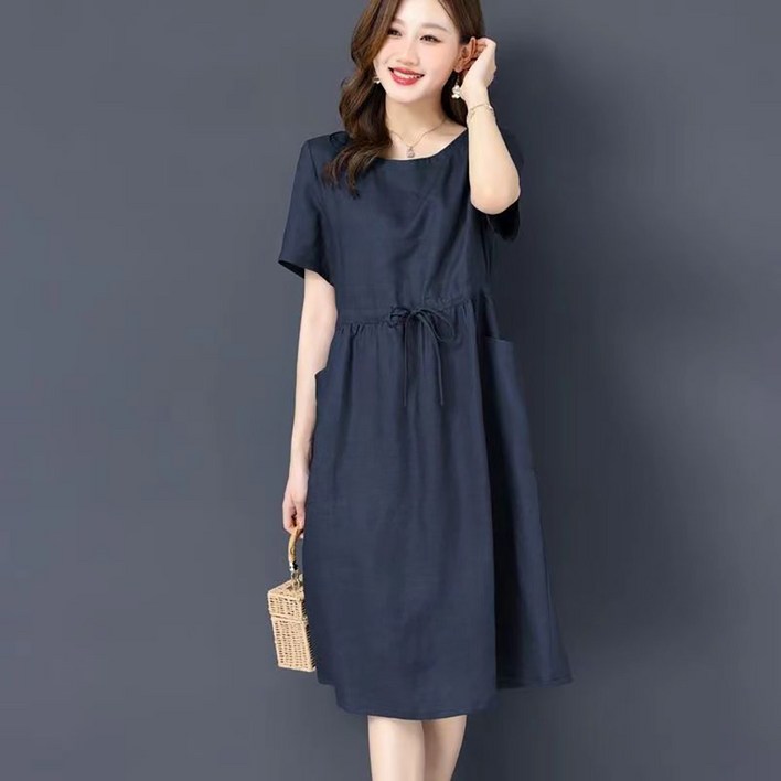 ROYALBELLE 여성 오버핏 허리 스트링 반팔 원피스 라운드넥 데일리 심플 면마 원피스 D0021409 ROYALBELLE 여성 오버핏 허리 스트링 반팔 원피스 라운드넥 데일리 심플 면마 원피스 D0021409