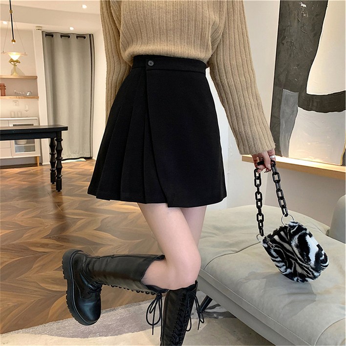 KDNC 여성용 추동 모직 스커트 A라인 플리츠 미니 스커트