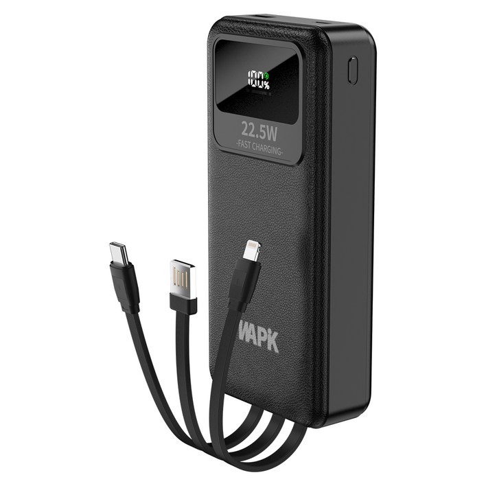 WAPIK 일체형 고속충전 대용량 보조배터리 M1 20000mAh PD 22.5W QC3.0 잔량표시, 블랙 WAPIK 일체형 고속충전 대용량 보조배터리 M1 20000mAh PD 22.5W QC3.0 잔량표시, 블랙
