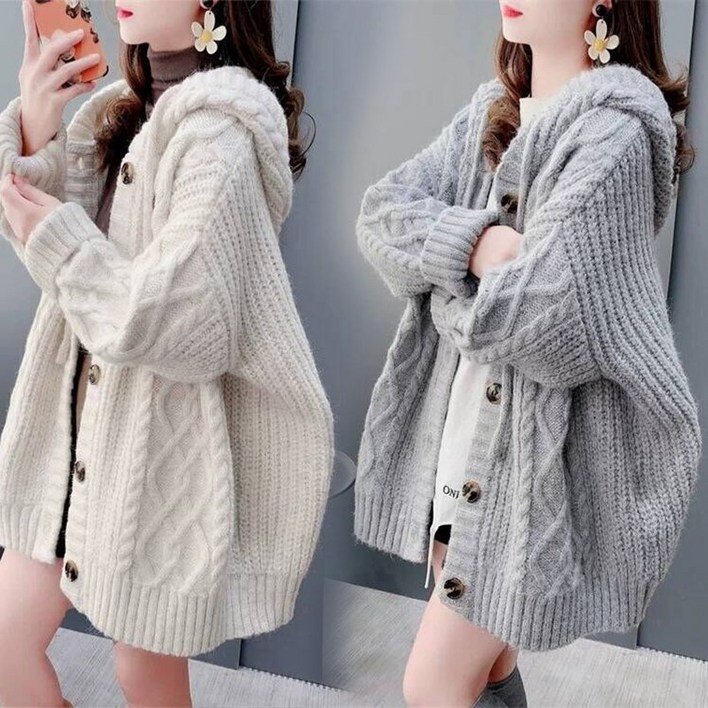 JUSTFEELING S3XL 후드 니트가디건 루즈핏 캐주얼 니트코트 아우터 가을겨울 박시핏 여성의류 스웨터 카디건 잠바 상의