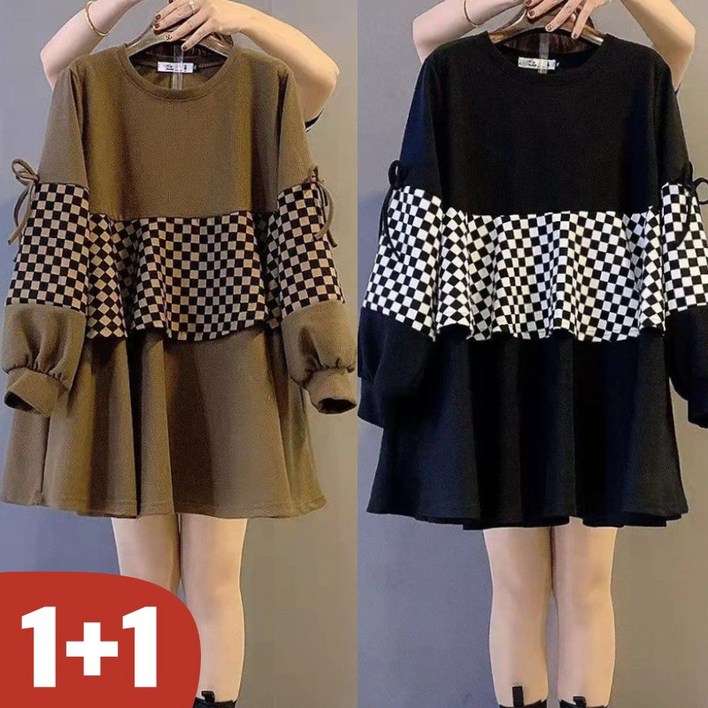 대박난 100kg까지 빅사이즈 여성 페이크 레이어드 라운드 체크 원피스 봄 가을 편한 미디 이어붙이다 리본 나팔 디자인 핏 예쁜 외출용 데일리룩 루즈핏 날씬해보이는 맨투맨티