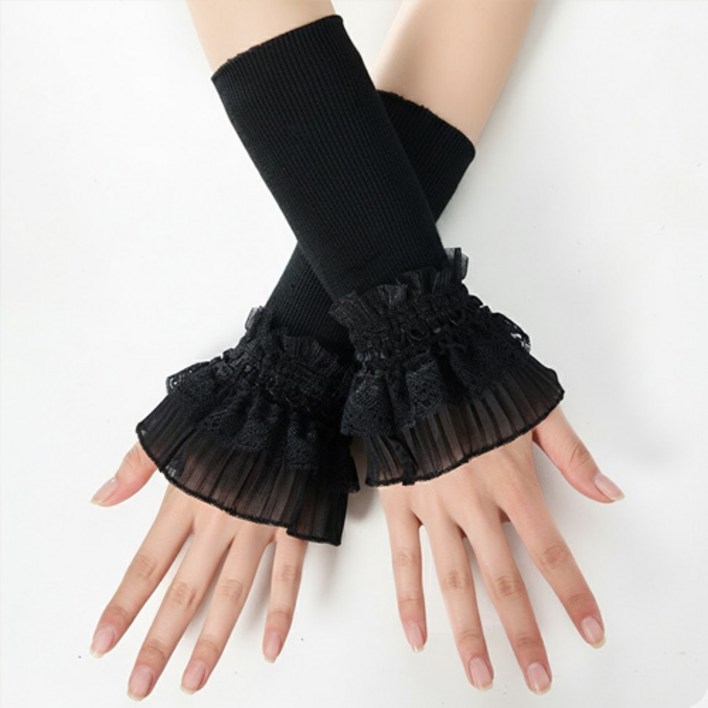 여성 로맨틱 레이스 프릴 페이크 니트 핸드 워머 밴딩 손목 롱 커프스 F641