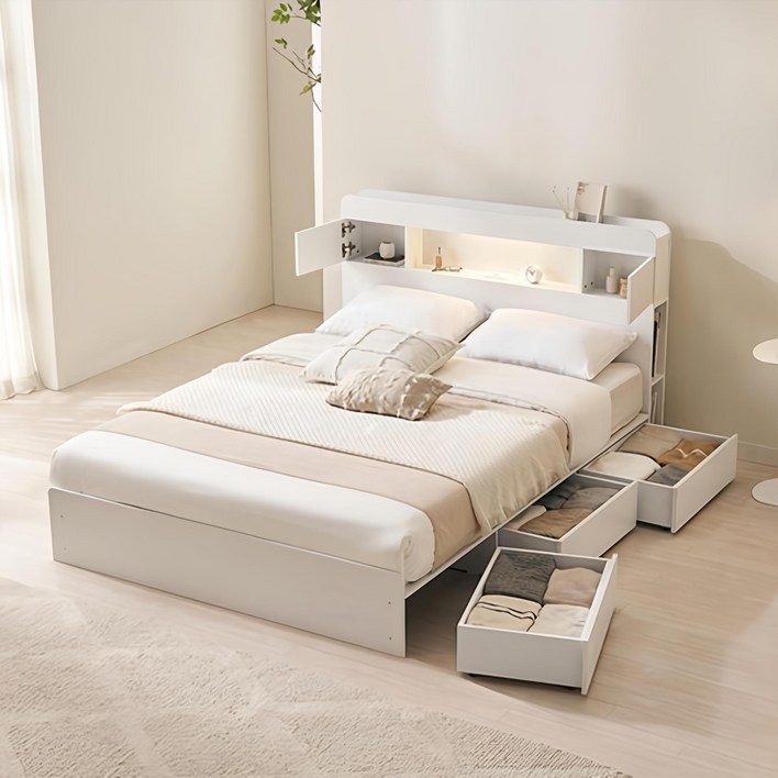 삼익가구 루이드 LED 3단 수납 침대  매트리스 세트 방문설치, 화이트프레임  아이보리매트리스