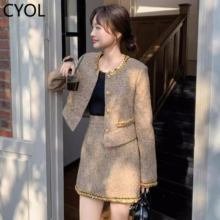 울을위한 세트 트위드 스퀸 긴팔 쇼트 코트 여성 투피스 CYOL스커트